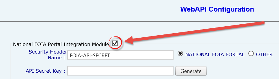 Configuration settings for the National FOIA Portal Integration Module with highlighted checkbox.